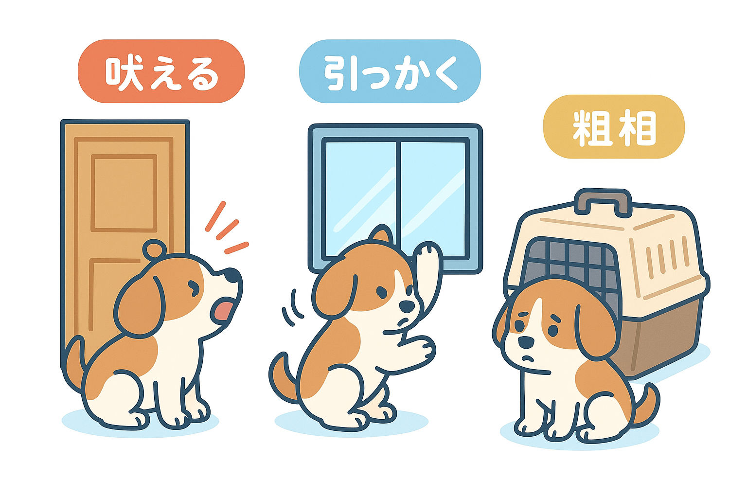 A flat, cute, bright and cheerful Japanese pet-blog illustration, polished premium style. Split comp