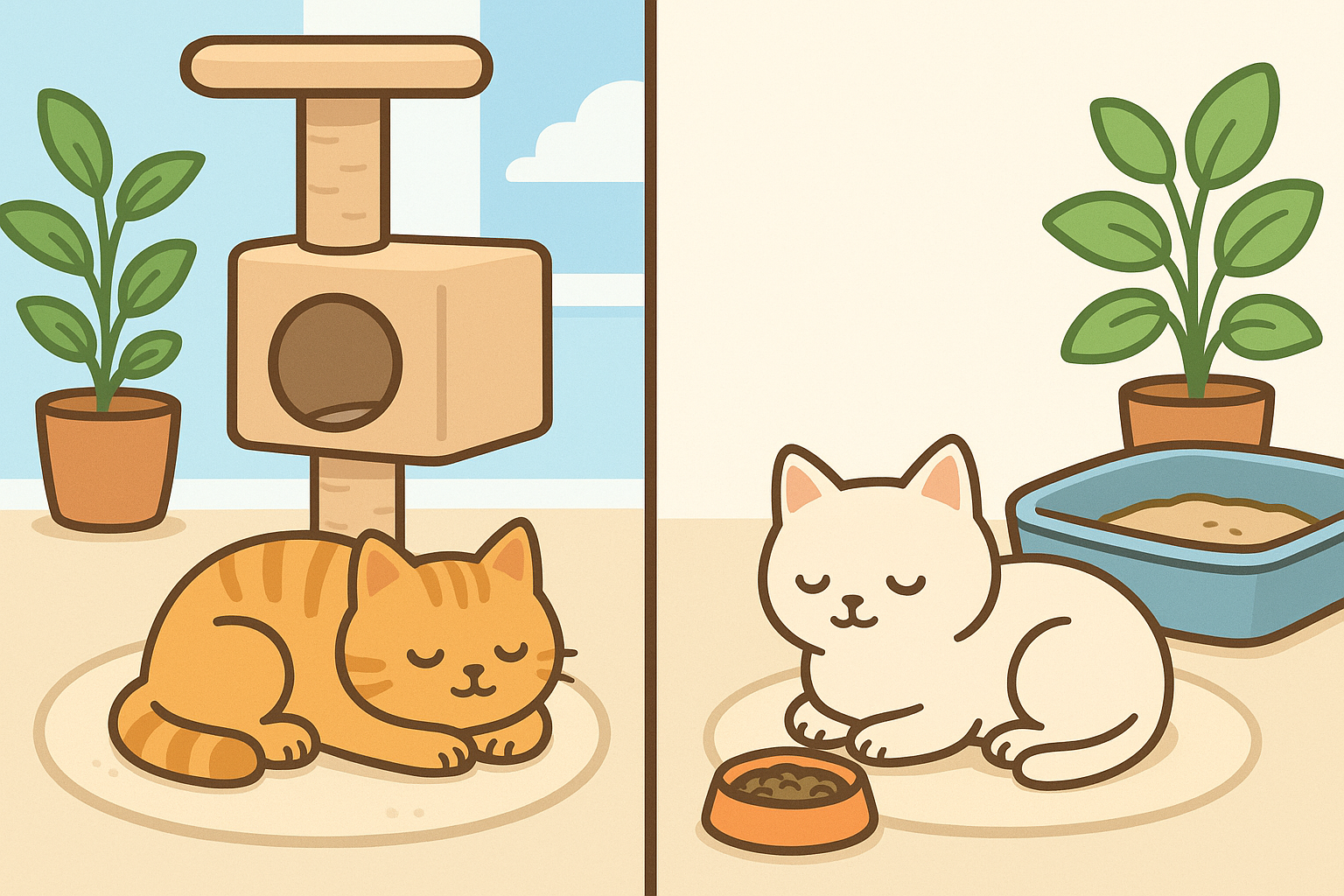 Flat, cute, bright and cheerful Japanese pet-blog illustration style. A cozy room scene divided into