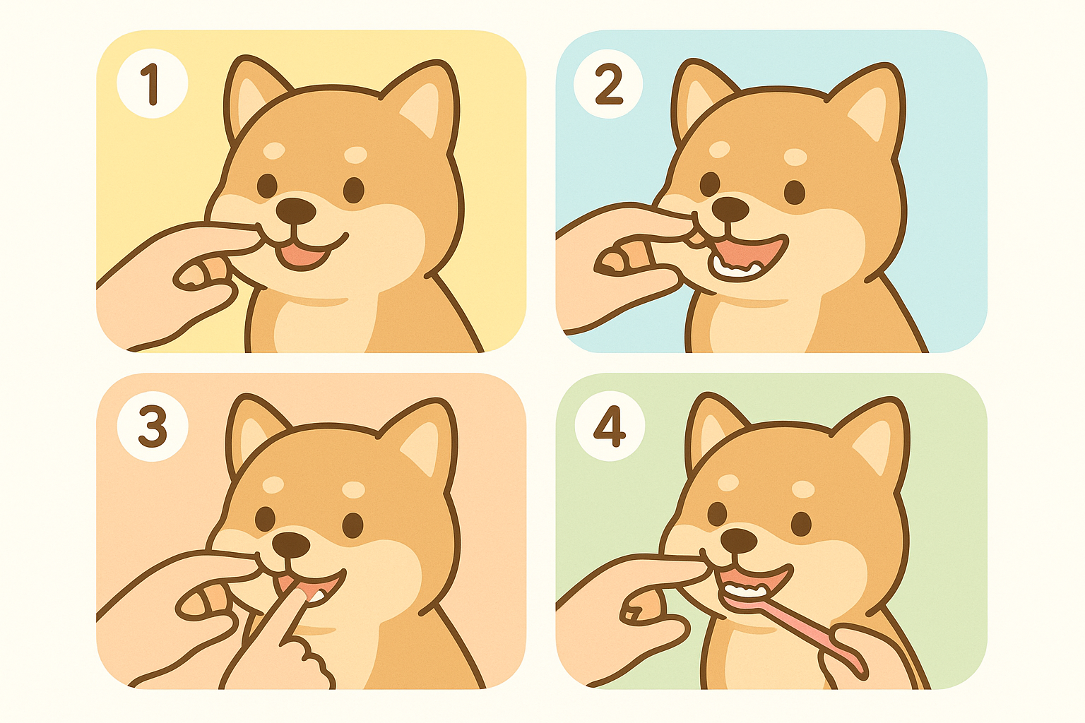 A flat, cute, bright, well-lit Japanese pet-blog step-by-step infographic illustration showing four 